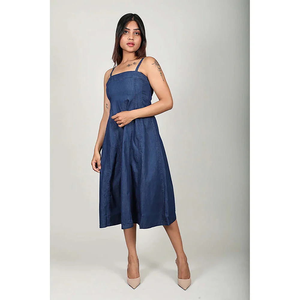 Fawn 24 Navy Blue Cotton Square Neck Solid/Plain Sleeveless Midi Dress