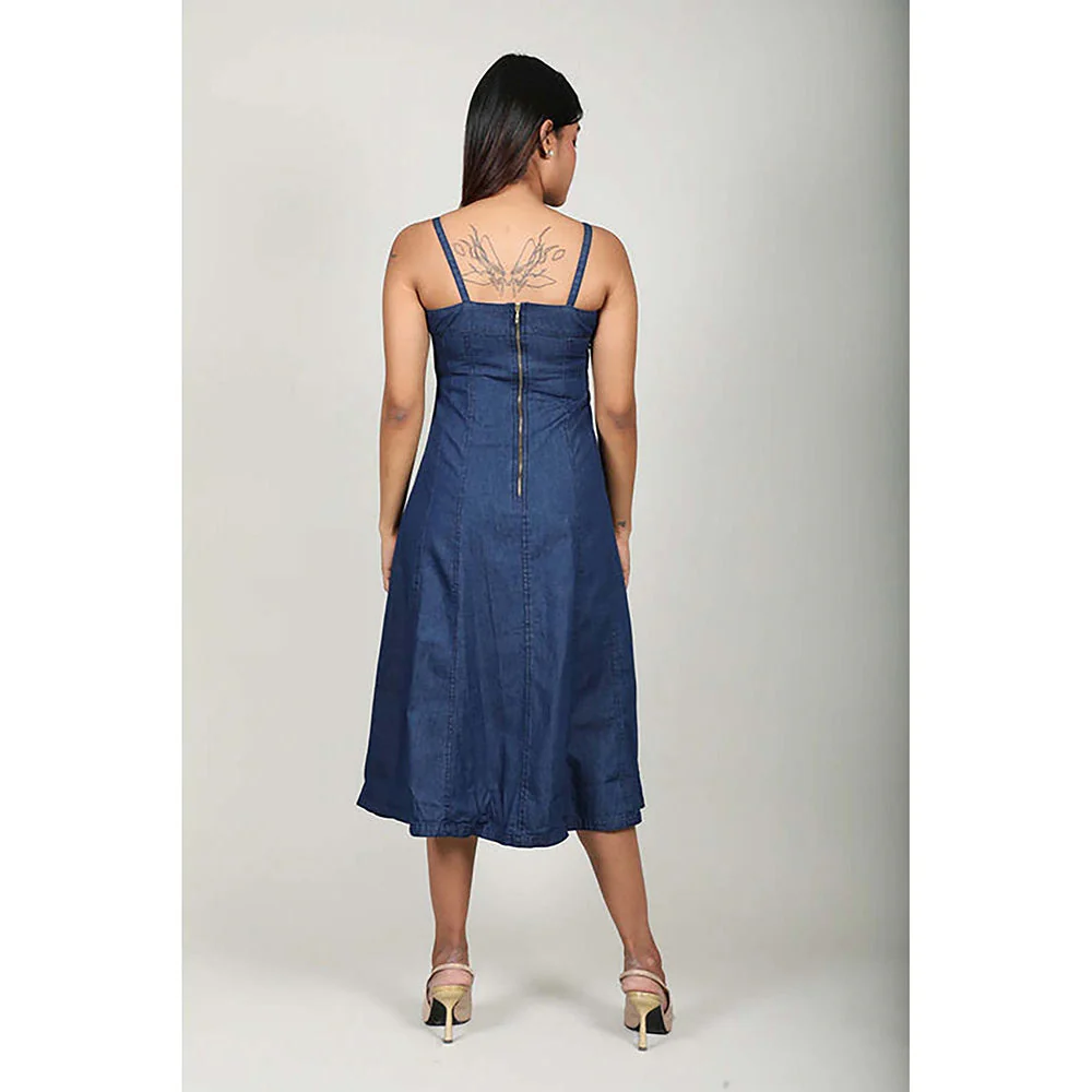 Fawn 24 Navy Blue Cotton Square Neck Solid/Plain Sleeveless Midi Dress - Image 2