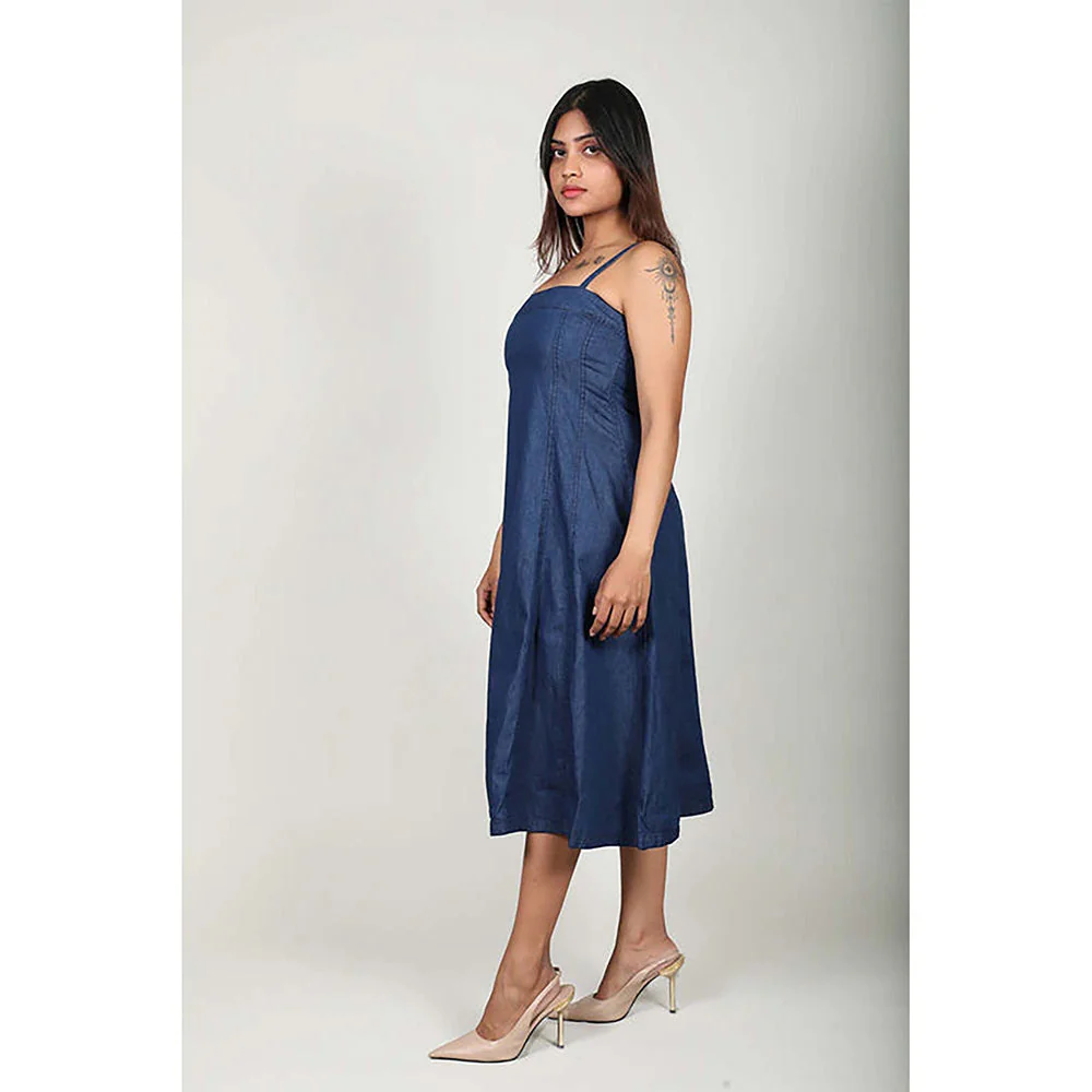 Fawn 24 Navy Blue Cotton Square Neck Solid/Plain Sleeveless Midi Dress - Image 3