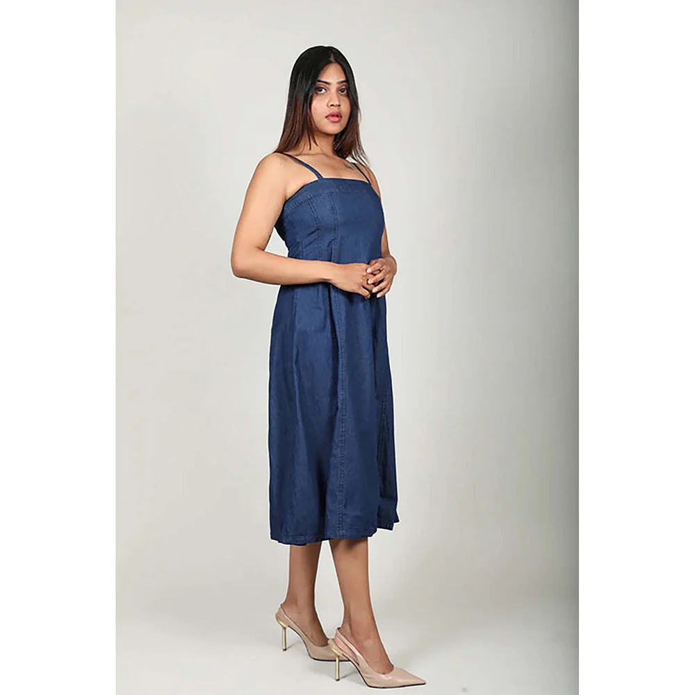 Fawn 24 Navy Blue Cotton Square Neck Solid/Plain Sleeveless Midi Dress - Image 4