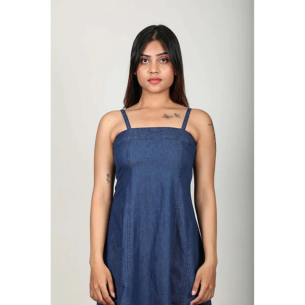 Fawn 24 Navy Blue Cotton Square Neck Solid/Plain Sleeveless Midi Dress - Image 5