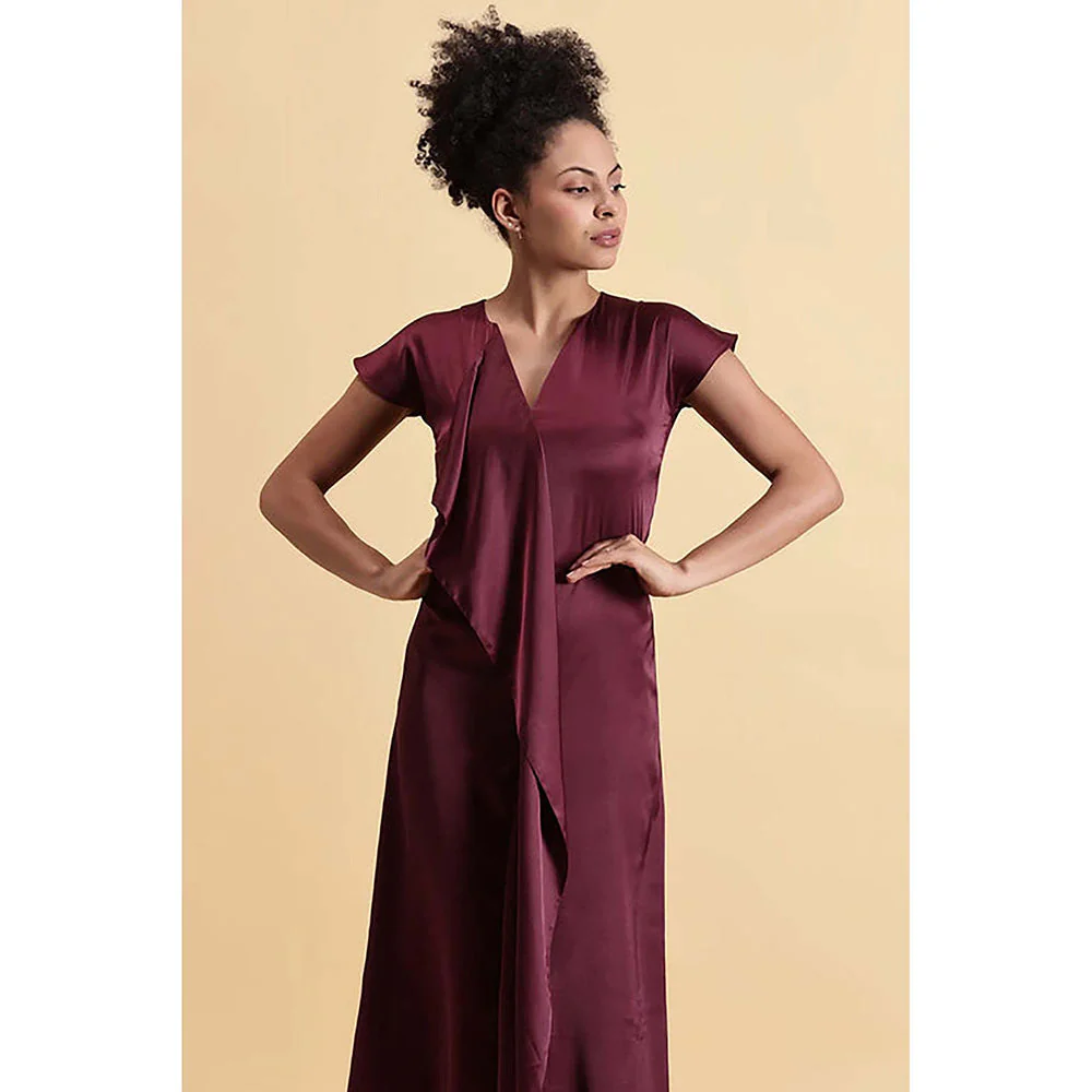 Fawn 24 Wine Satin V-Neck Solid/Plain Cap Maxi Dress - Image 4