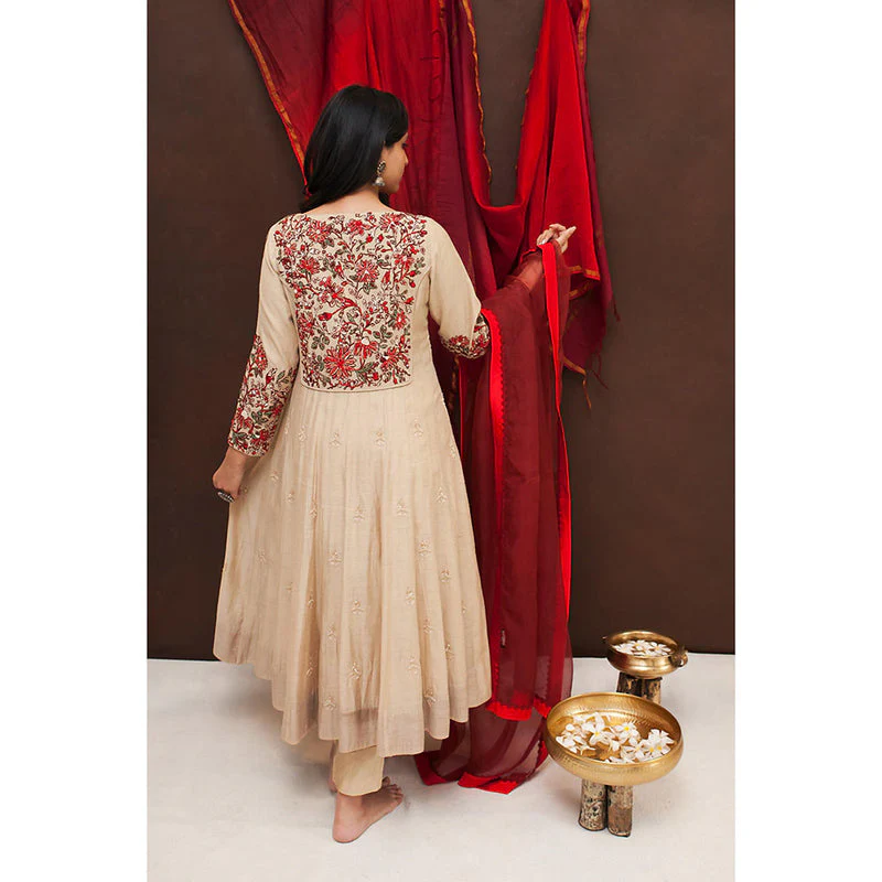 Finethreads by Hina & Nikhat Beige Gauhar Anarkali with Pant and Dupatta - Image 2