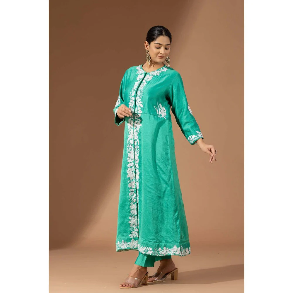 Finethreads by Hina & Nikhat Green Floral Cascade Kurta with Pant - Image 4