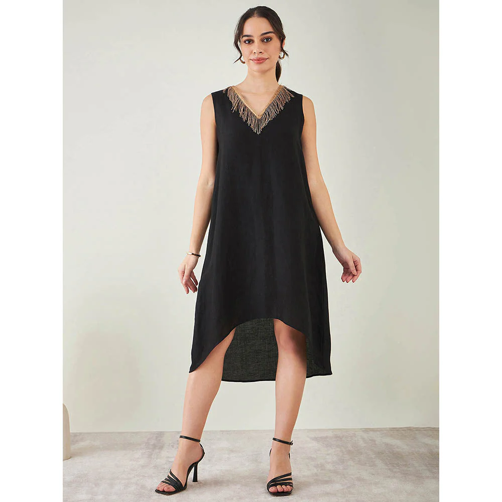 First Resort by Ramola Bachchan Black A-Line Linen Dress with Cut Dana Lace Detail
