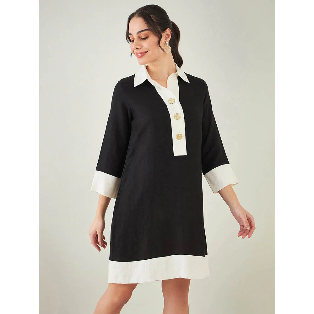 First Resort by Ramola Bachchan Black and Off-White Linen Dress - Image 3