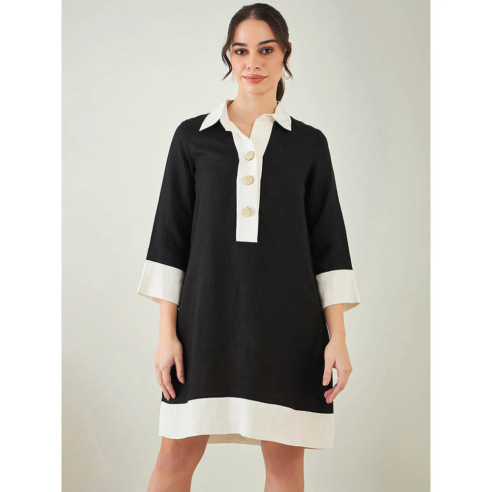 First Resort by Ramola Bachchan Black and Off-White Linen Dress - Image 7