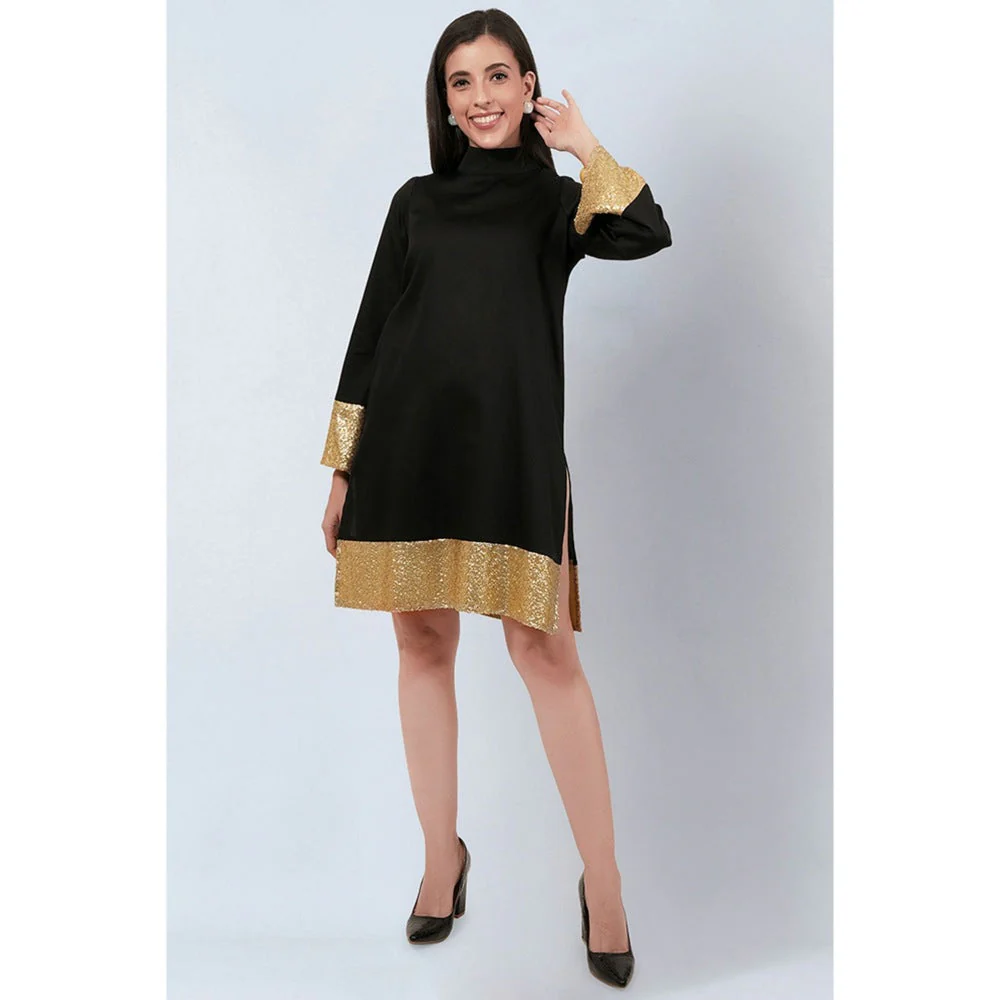 First Resort by Ramola Bachchan Black Cotton Satin Tunic Dress with Gold Sequin Border - Image 5