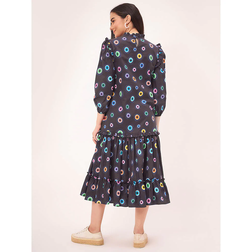 First Resort by Ramola Bachchan Black Evil Eye Frill Midi Length Dress - Image 3