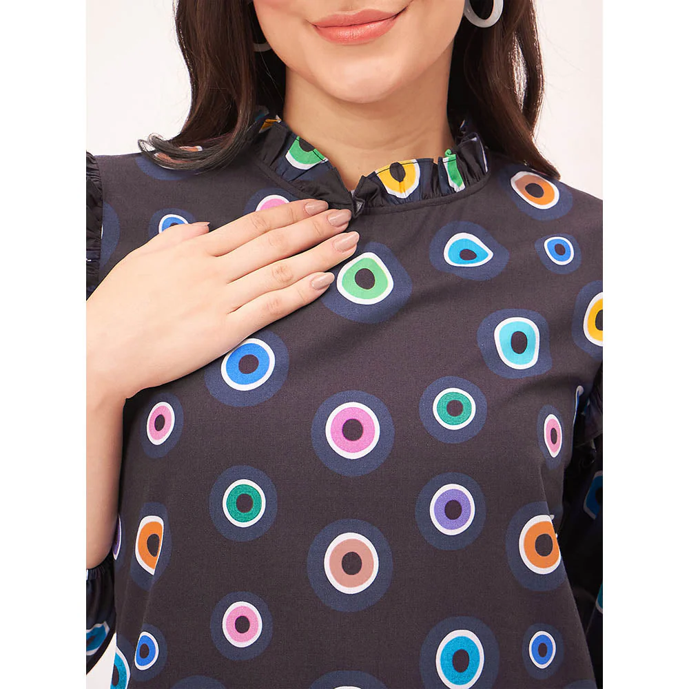First Resort by Ramola Bachchan Black Evil Eye Frill Midi Length Dress - Image 4