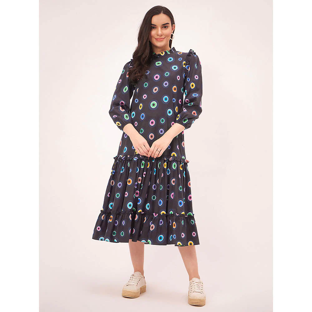 First Resort by Ramola Bachchan Black Evil Eye Frill Midi Length Dress - Image 6