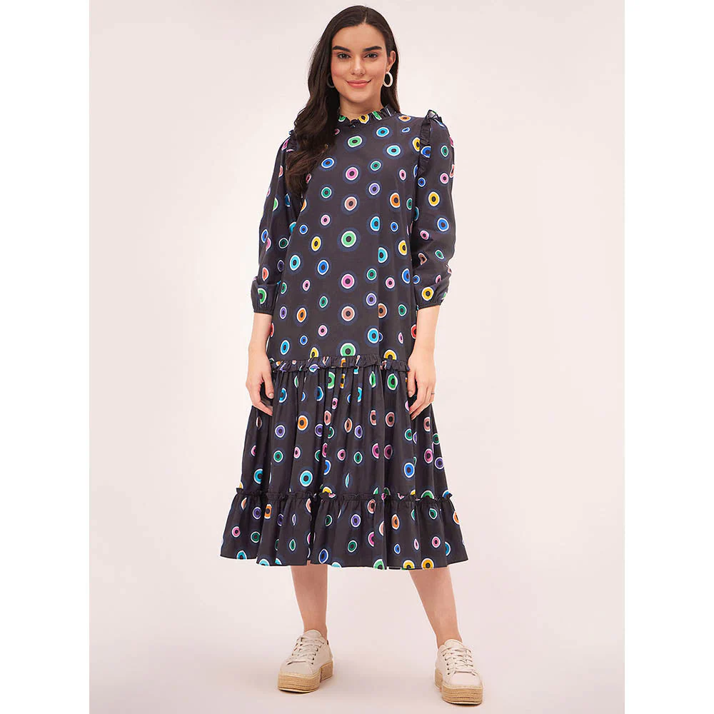 First Resort by Ramola Bachchan Black Evil Eye Frill Midi Length Dress - Image 8
