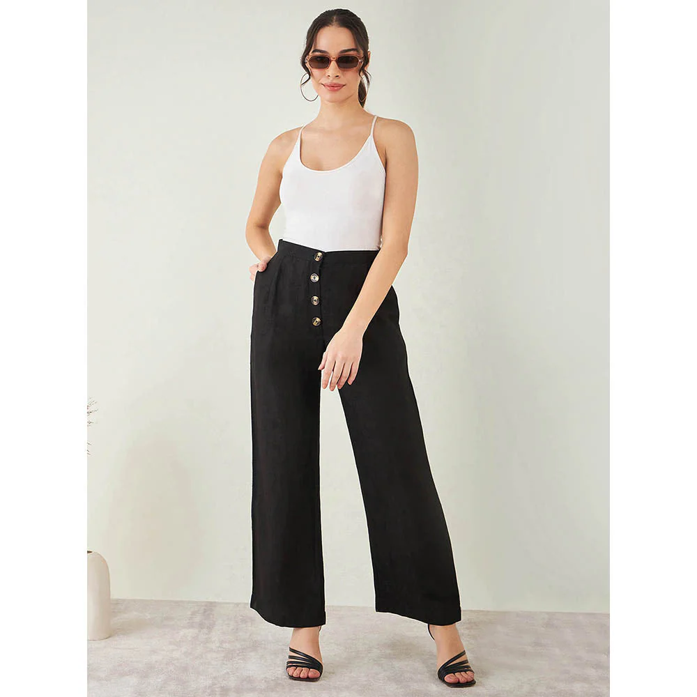 First Resort by Ramola Bachchan Black Linen High-Waisted Straight Pant