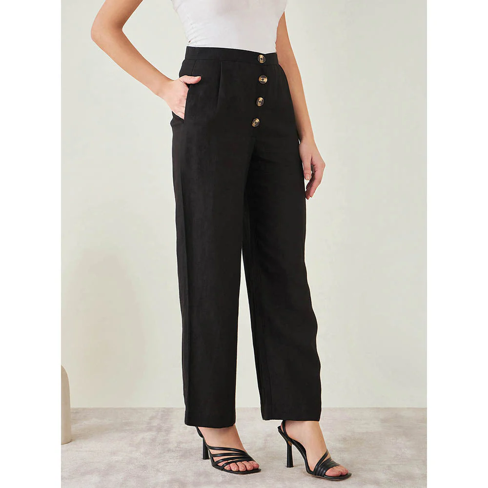 First Resort by Ramola Bachchan Black Linen High-Waisted Straight Pant - Image 3