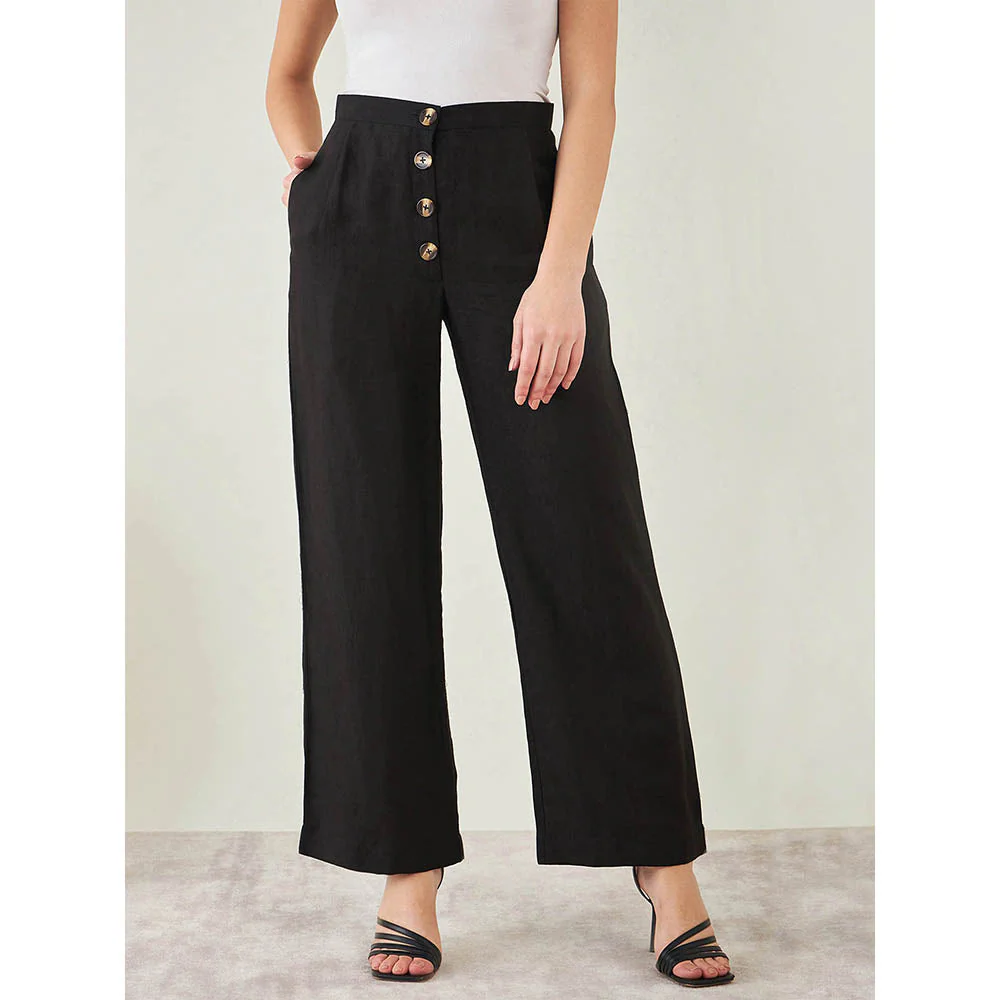 First Resort by Ramola Bachchan Black Linen High-Waisted Straight Pant - Image 6