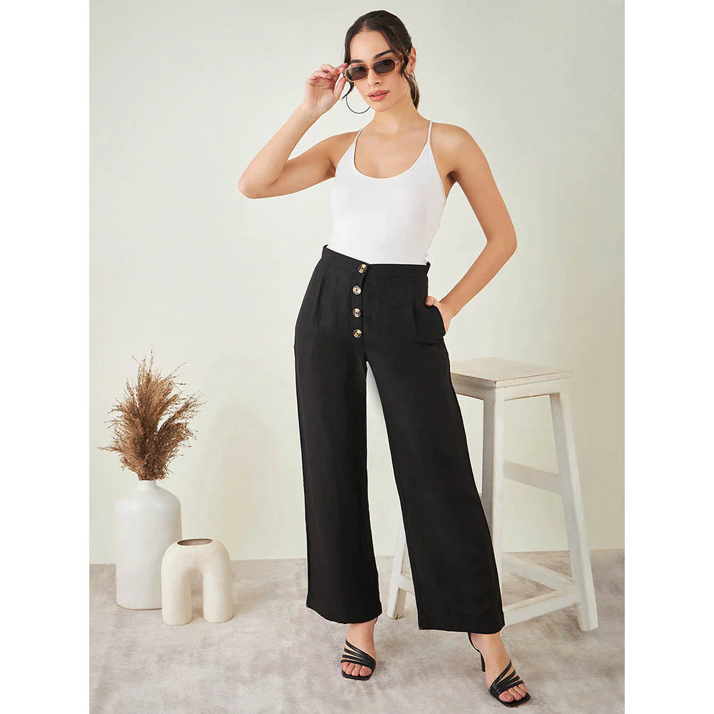 First Resort by Ramola Bachchan Black Linen High-Waisted Straight Pant - Image 7