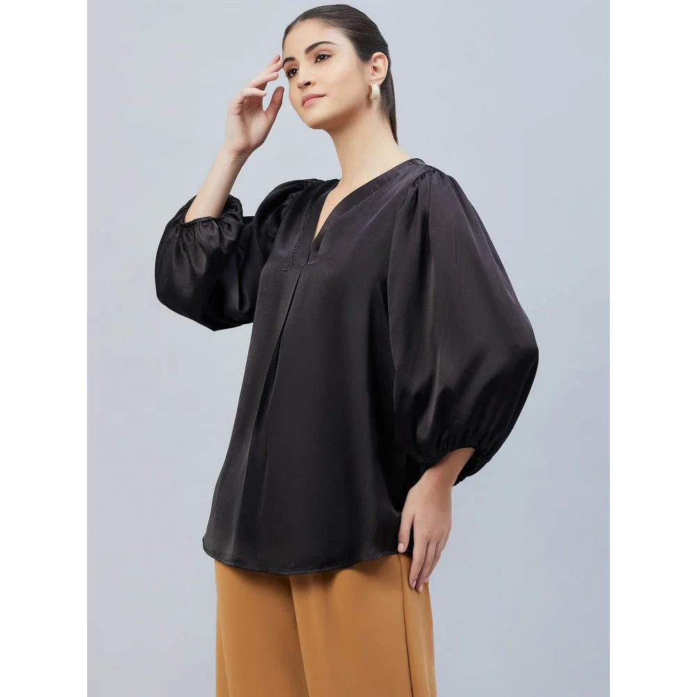 First Resort by Ramola Bachchan Black V-Neck Embellished Satin Shirt - Image 5