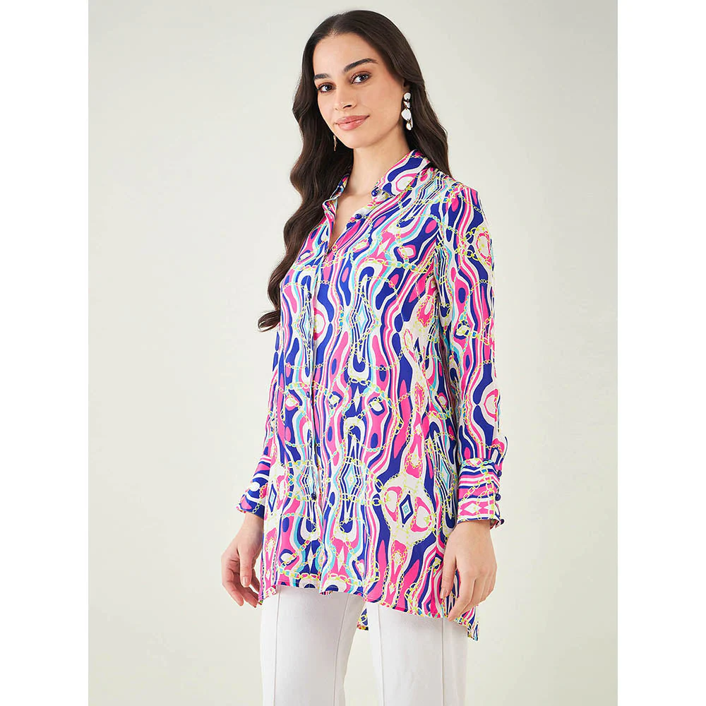 First Resort by Ramola Bachchan Blue and Pink Marine Wave Print Shirt - Image 3