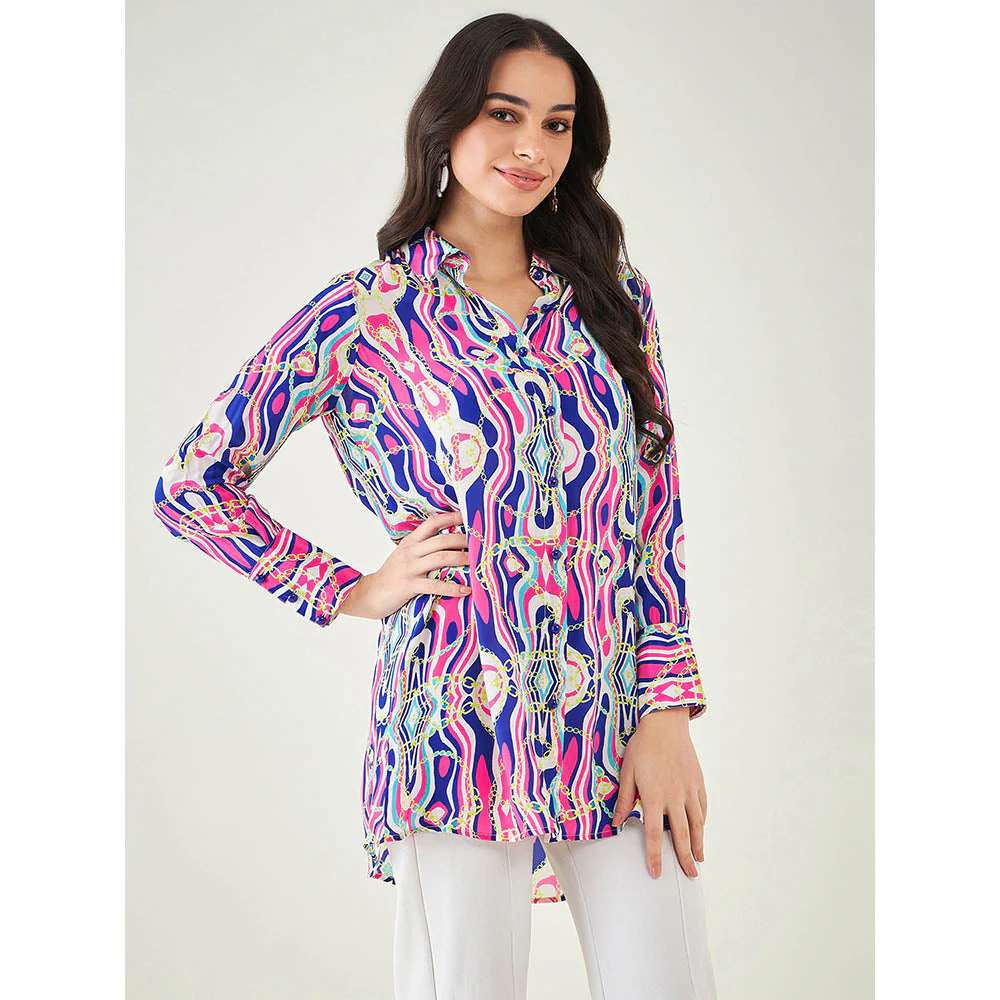 First Resort by Ramola Bachchan Blue and Pink Marine Wave Print Shirt - Image 4