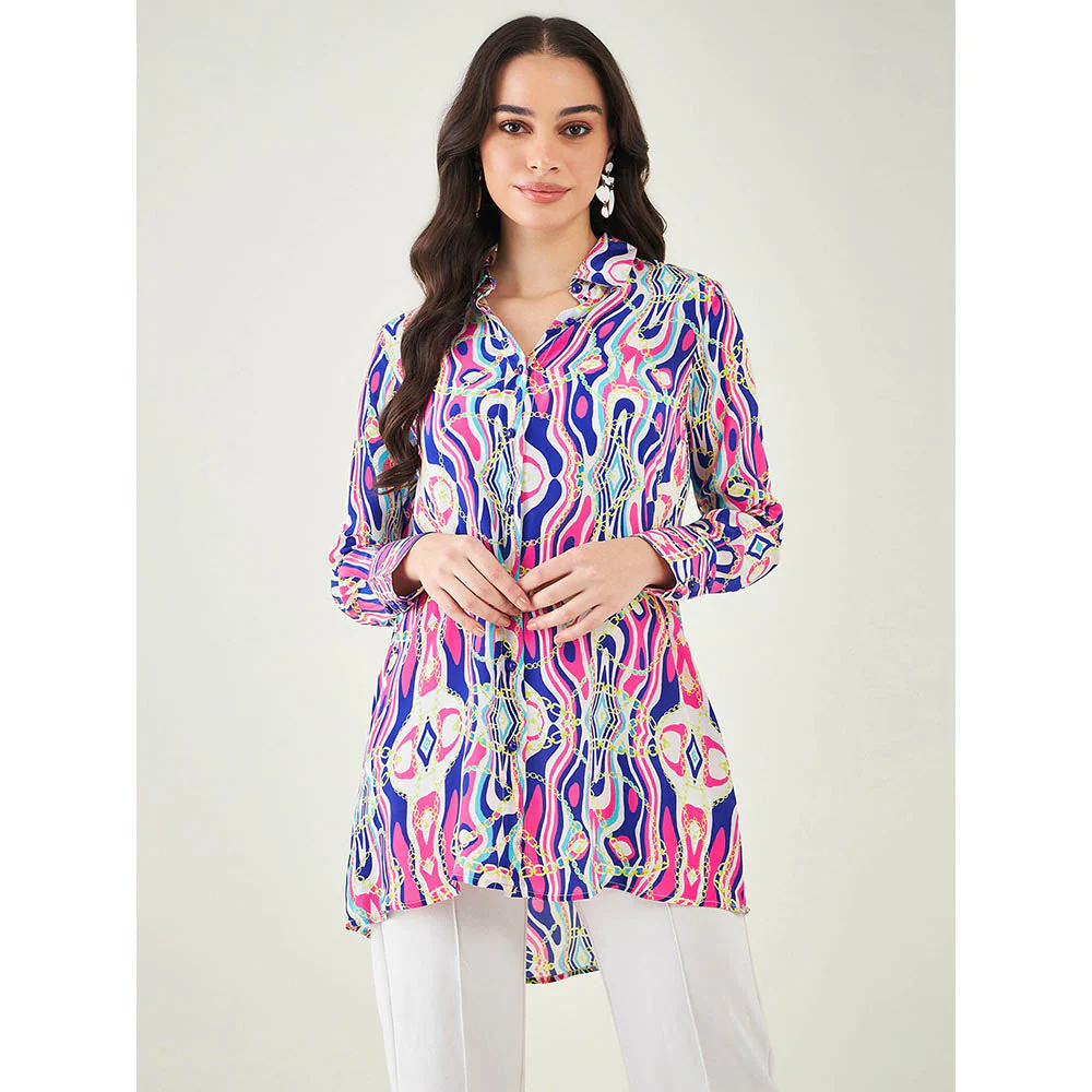 First Resort by Ramola Bachchan Blue and Pink Marine Wave Print Shirt - Image 7