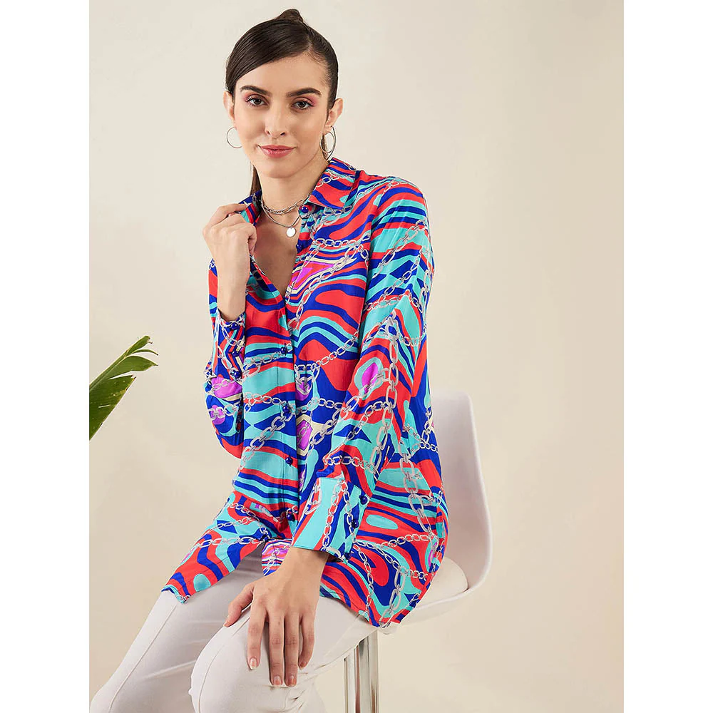 First Resort by Ramola Bachchan Blue and Red Marine Wave Print Shirt - Image 8