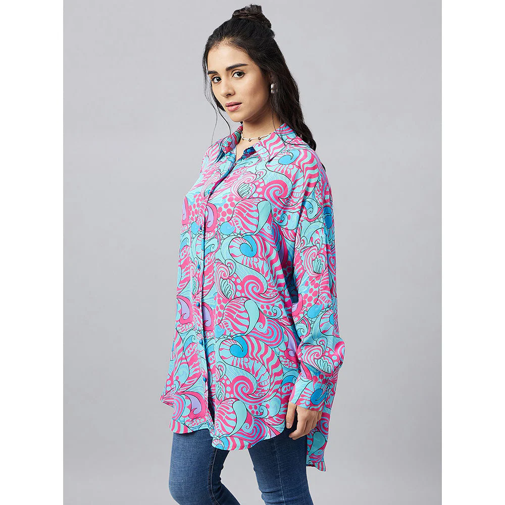 First Resort by Ramola Bachchan Blue and Rose Pink Pucci Print Boyfriend Shirt - Image 3