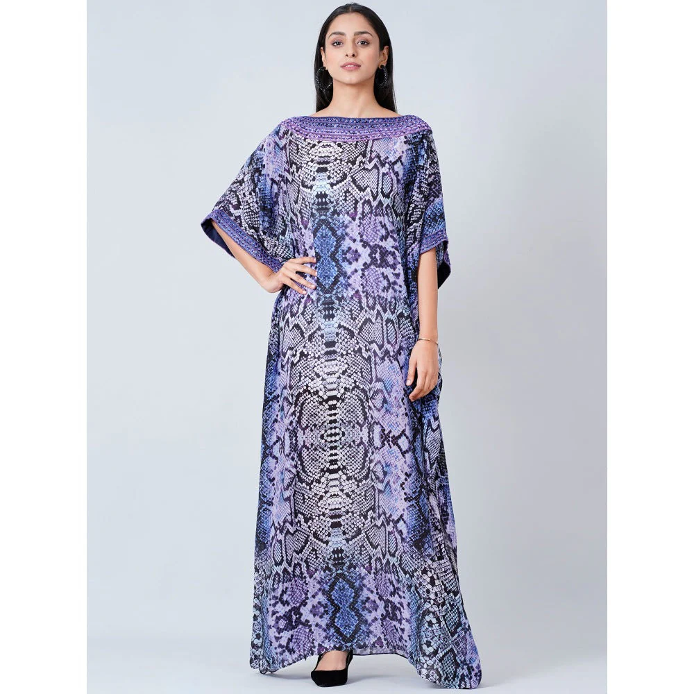 First Resort by Ramola Bachchan Blue Animal Print Embroidered Full Length Kaftan - Image 2