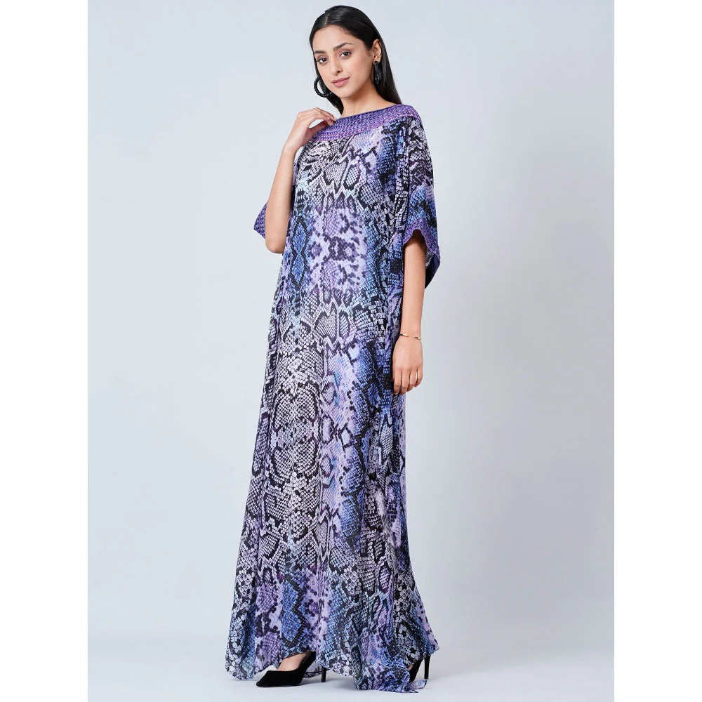 First Resort by Ramola Bachchan Blue Animal Print Embroidered Full Length Kaftan - Image 3