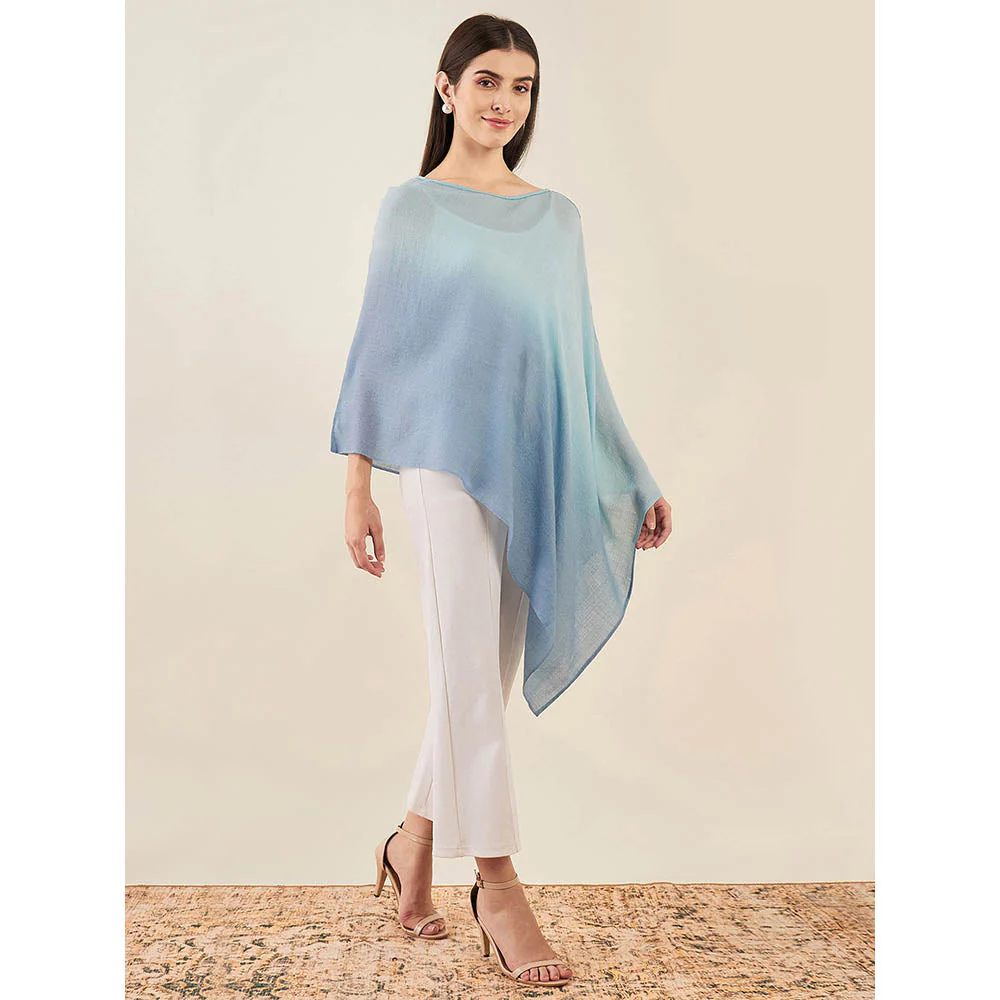 First Resort by Ramola Bachchan Blue Ombre Embellished Cashmere Poncho - Image 3