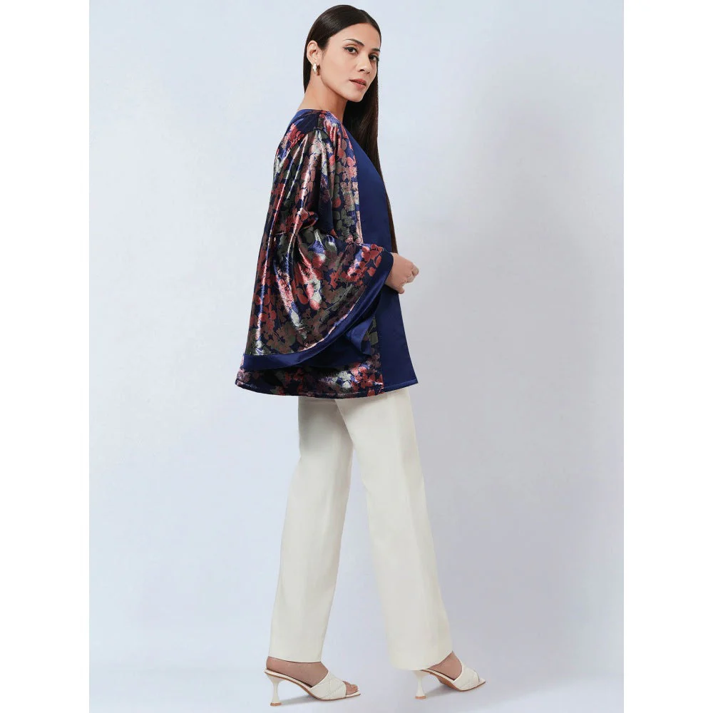 First Resort by Ramola Bachchan Blue & Rose Gold Floral Velvet Jacket - Image 4