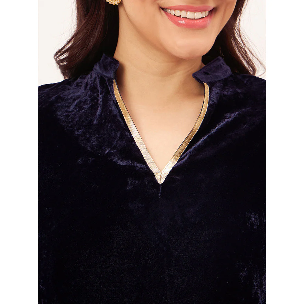 First Resort by Ramola Bachchan Blue Silk Velvet Kurta with Gota Lace Detail - Image 4
