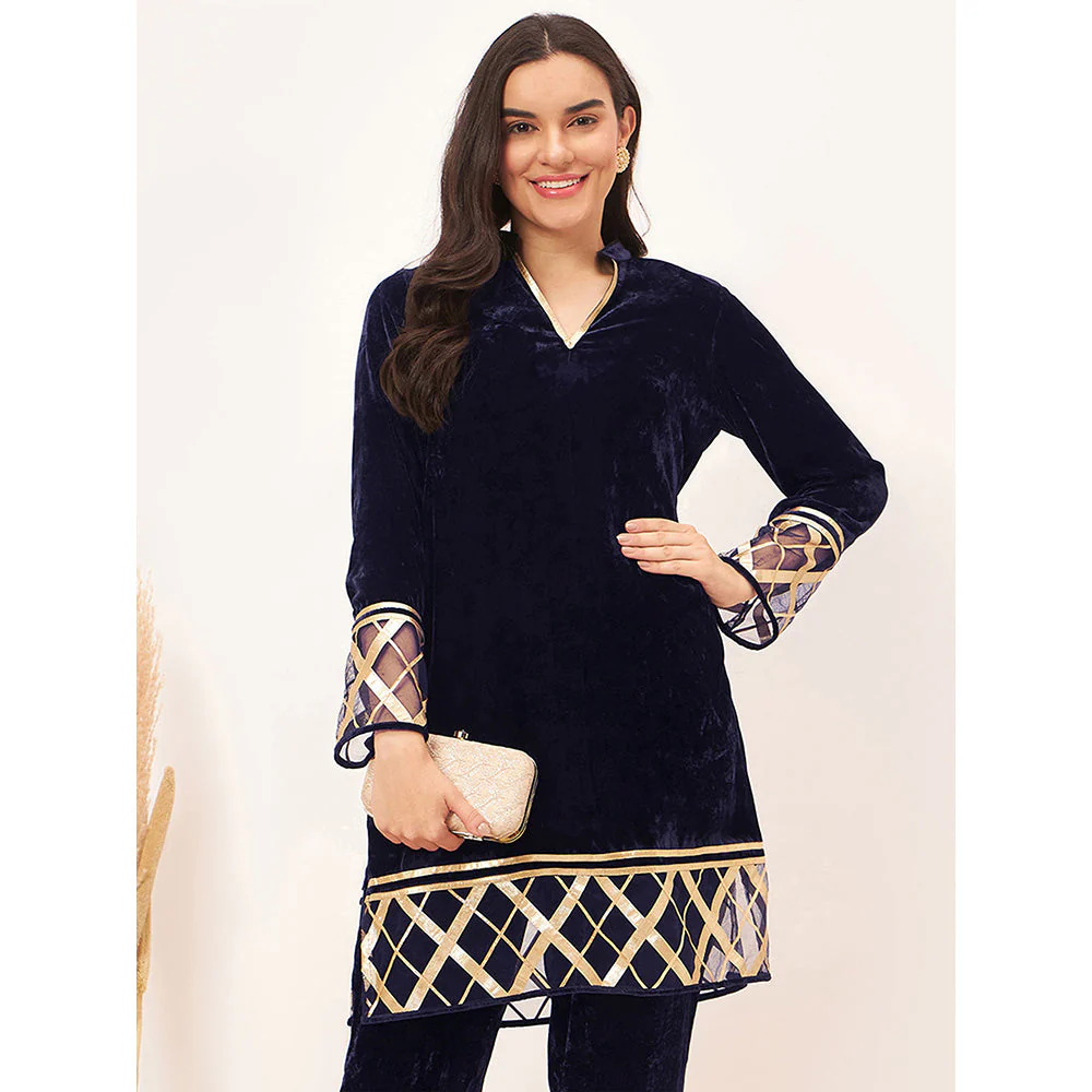 First Resort by Ramola Bachchan Blue Silk Velvet Kurta with Gota Lace Detail - Image 5