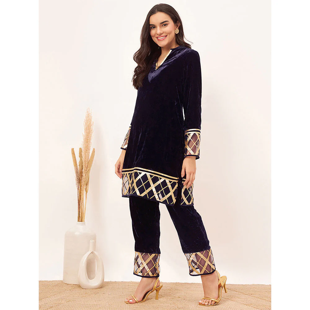 First Resort by Ramola Bachchan Blue Silk Velvet with Gota Lace Kurta Co-Ord - Image 2