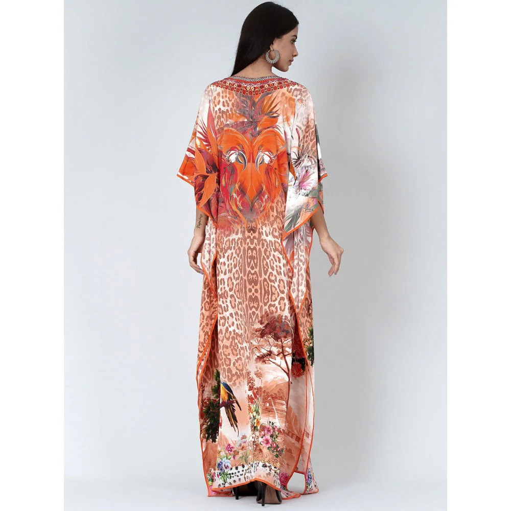 First Resort by Ramola Bachchan Burnt Orange And Brown Animal Print Embellished Silk Kaftan - Image 3
