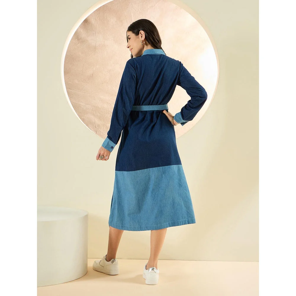 First Resort by Ramola Bachchan Dark Blue Denim Combo Mid-Length Shirt Dress (Set of 2) - Image 2