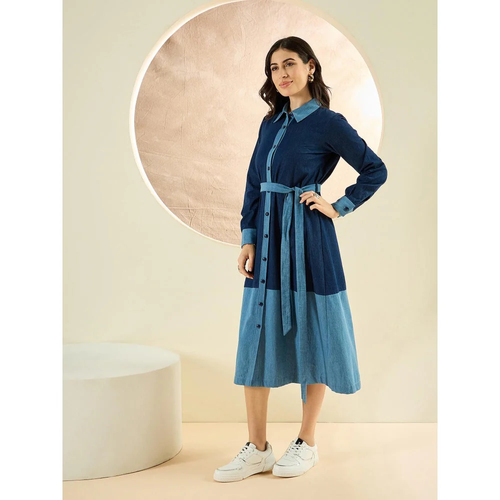 First Resort by Ramola Bachchan Dark Blue Denim Combo Mid-Length Shirt Dress (Set of 2) - Image 3