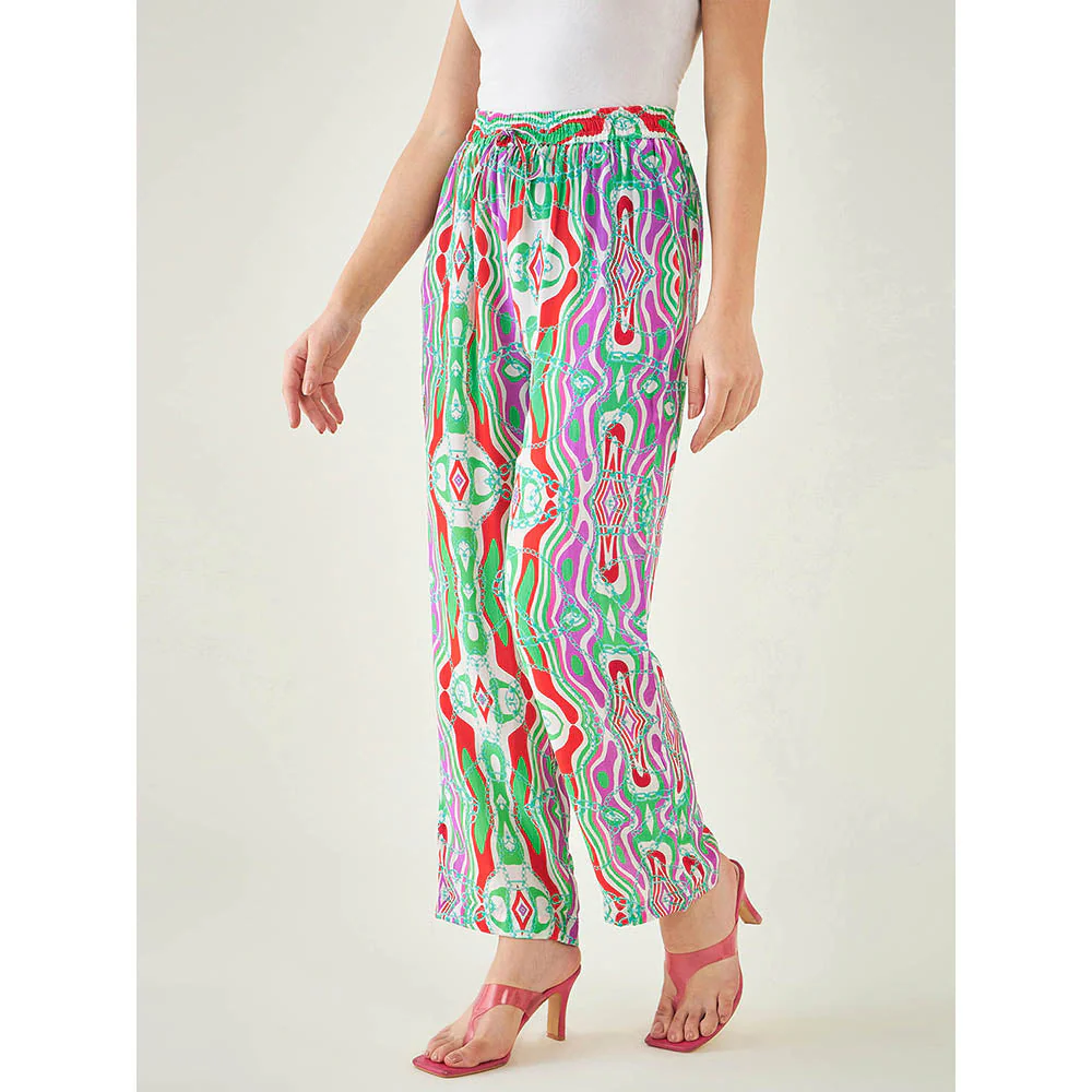 First Resort by Ramola Bachchan Green and Orange Marine Wave Print Pant - Image 2