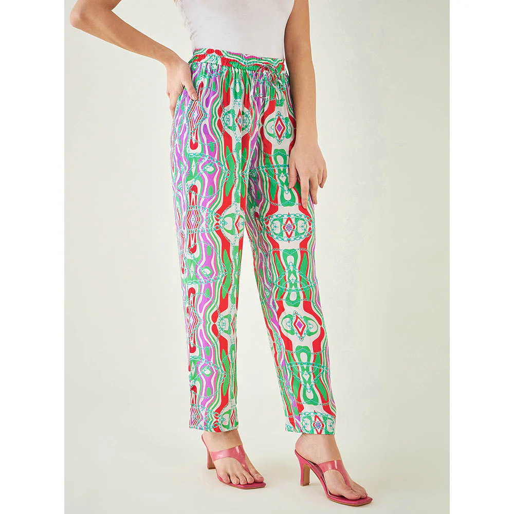 First Resort by Ramola Bachchan Green and Orange Marine Wave Print Pant - Image 3
