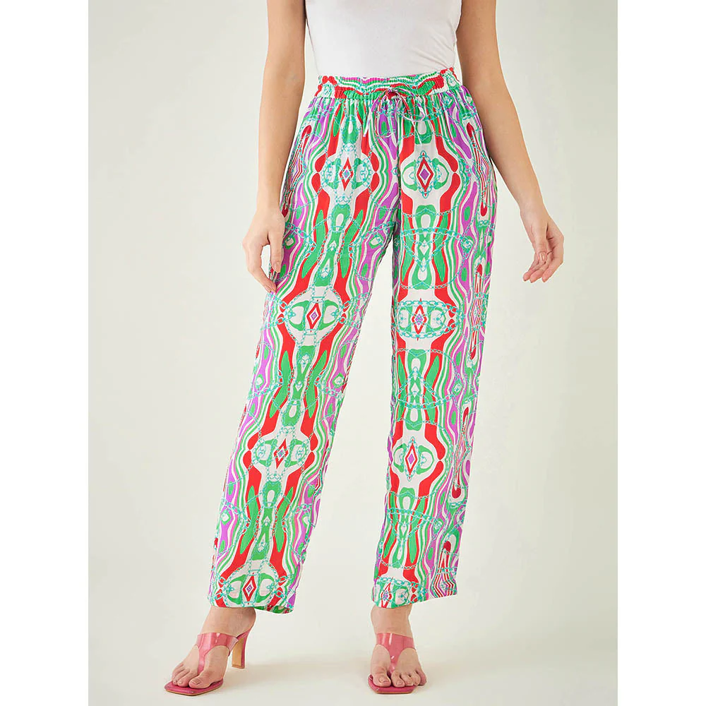 First Resort by Ramola Bachchan Green and Orange Marine Wave Print Pant - Image 6