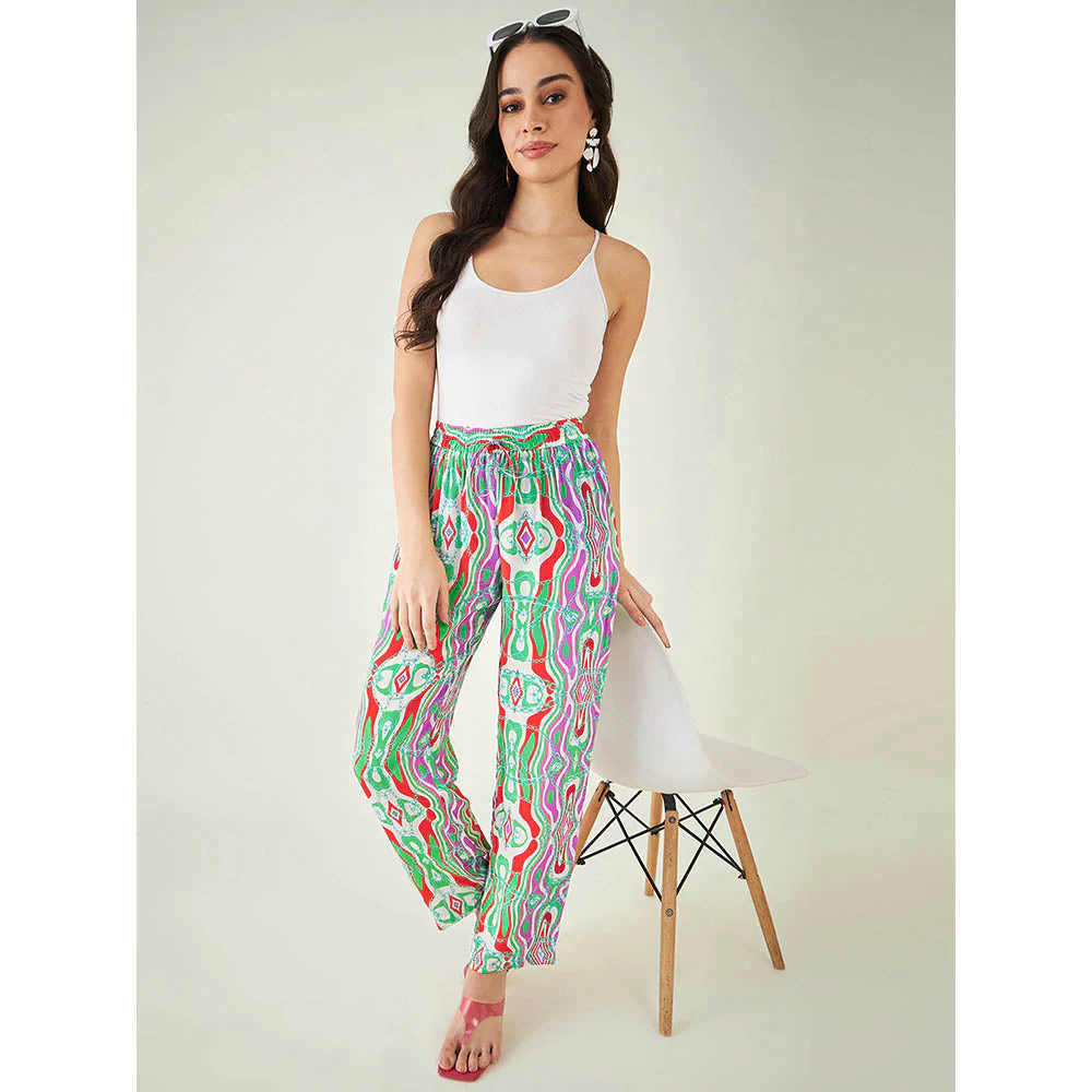 First Resort by Ramola Bachchan Green and Orange Marine Wave Print Pant - Image 7