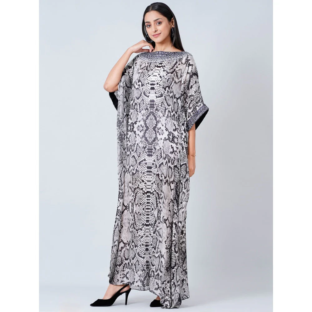 First Resort by Ramola Bachchan Grey Animal Print Embroidered Full Length Kaftan - Image 2