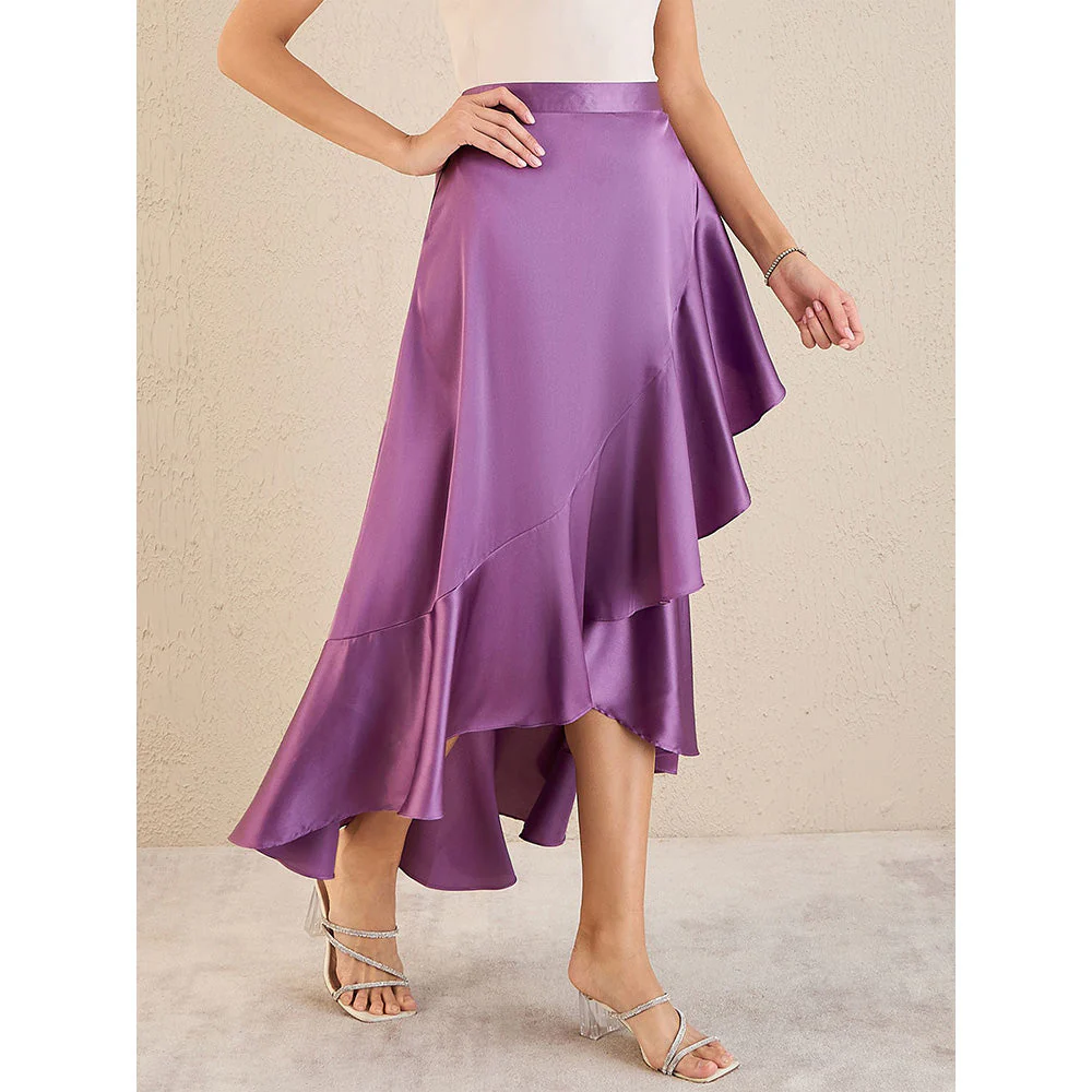 First Resort by Ramola Bachchan Lilac Satin Broad Frill Midi Skirt - Image 5