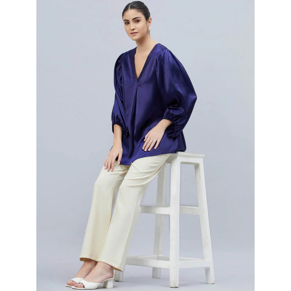 First Resort by Ramola Bachchan Navy Blue V-Neck Embellished Satin Shirt