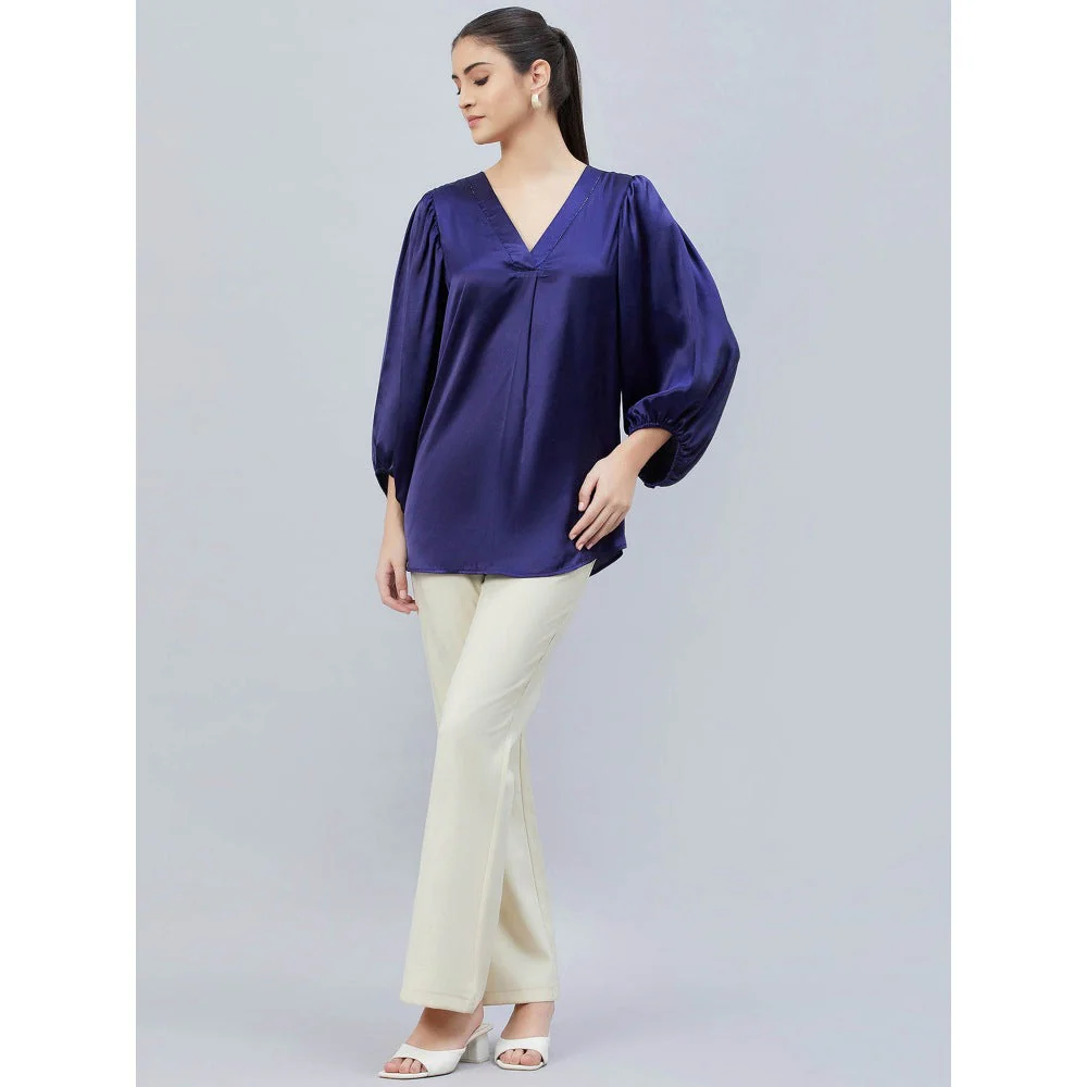 First Resort by Ramola Bachchan Navy Blue V-Neck Embellished Satin Shirt - Image 3