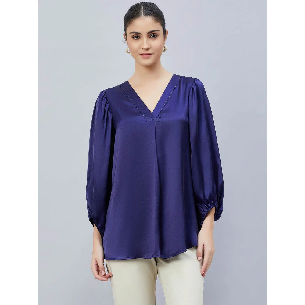 First Resort by Ramola Bachchan Navy Blue V-Neck Embellished Satin Shirt - Image 4