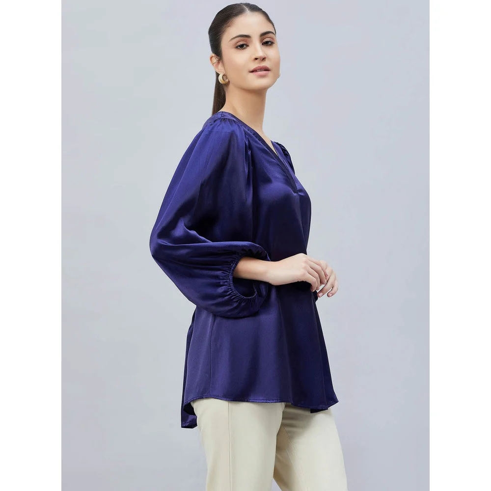 First Resort by Ramola Bachchan Navy Blue V-Neck Embellished Satin Shirt - Image 6