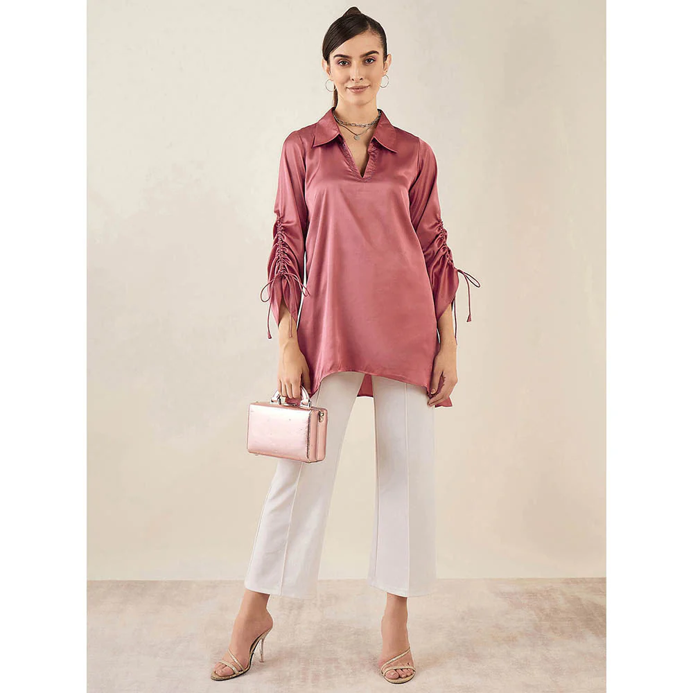First Resort by Ramola Bachchan Old Rose Gathered Sleeves Embellished Satin Tunic - Image 2