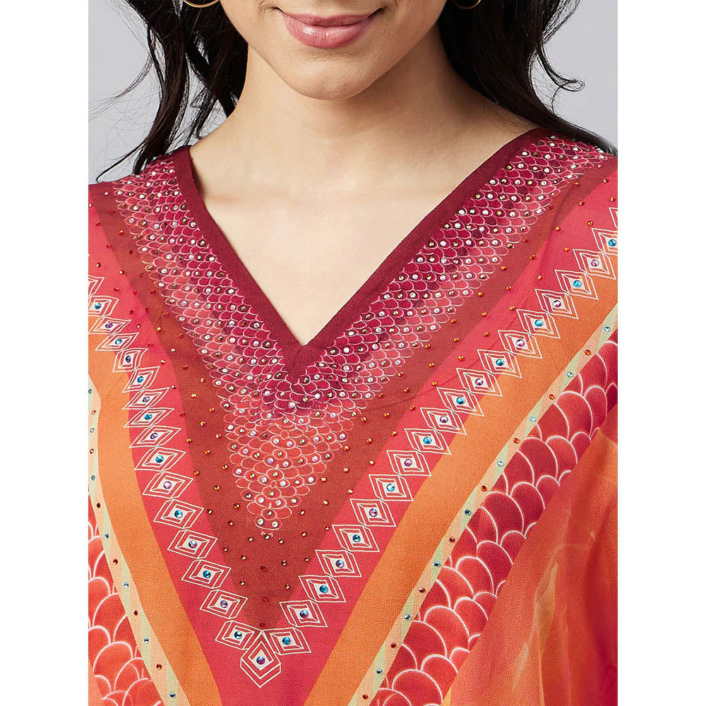 First Resort by Ramola Bachchan Orange And Red Floral Kaftan - Image 6