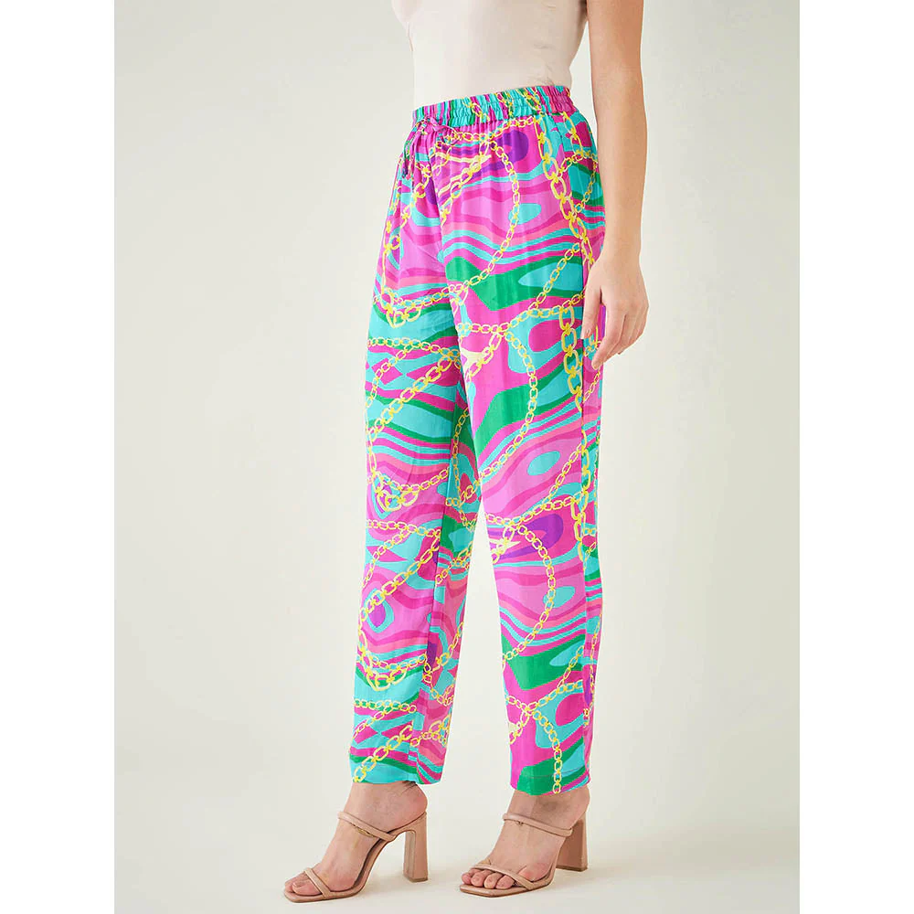 First Resort by Ramola Bachchan Pink and Green Marine Wave Print Pant - Image 2