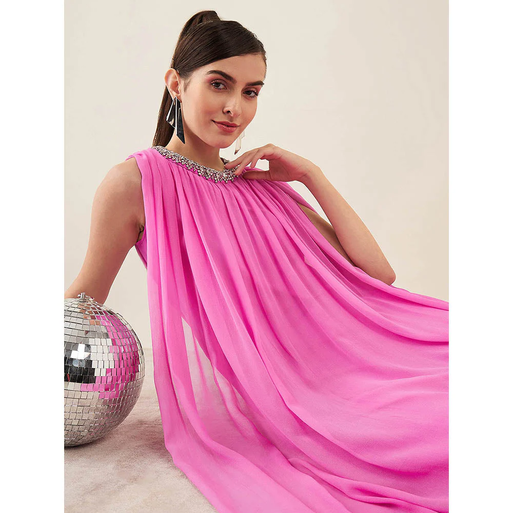 First Resort by Ramola Bachchan Pink Crystal Embroidered & Gathered Silk Full Length Dress - Image 8